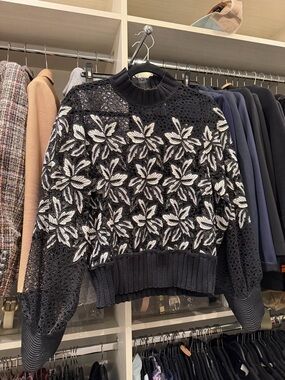 Sea New York Black Sweater with White Floral Lace Knit